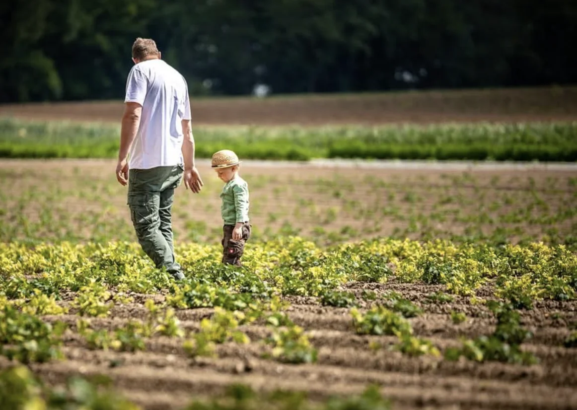 Heinrich mit seinem Sohn an der Hand auf seinem Feld